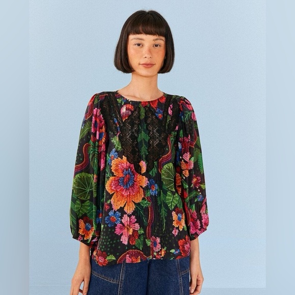 NWT Farm Rio Black Blooming Garden Blouse - Picture 2 of 13